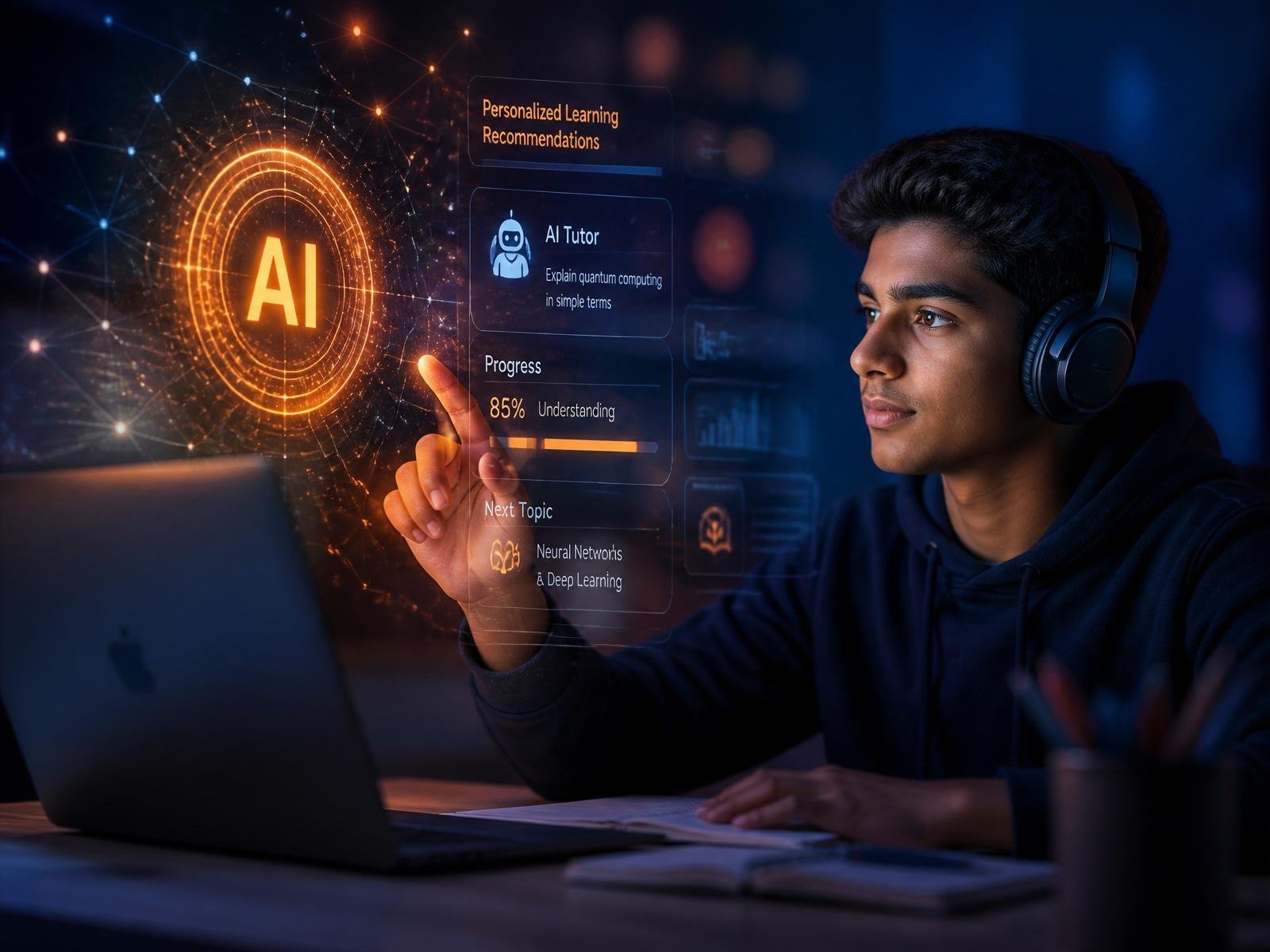 Student learning AI with a holographic interface